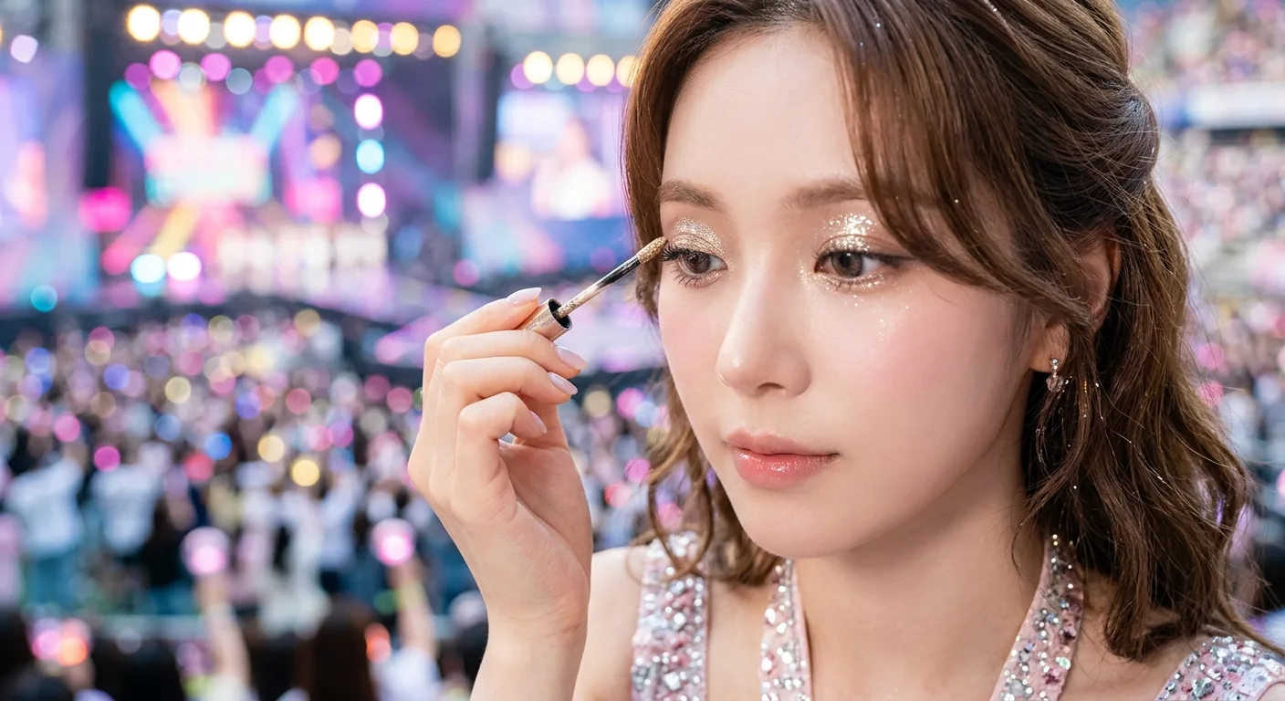 A close-up of a person applying a liquid metallic eyeshadow with a soft-focus 'Idol Blur' skin finish, reflecting the vi