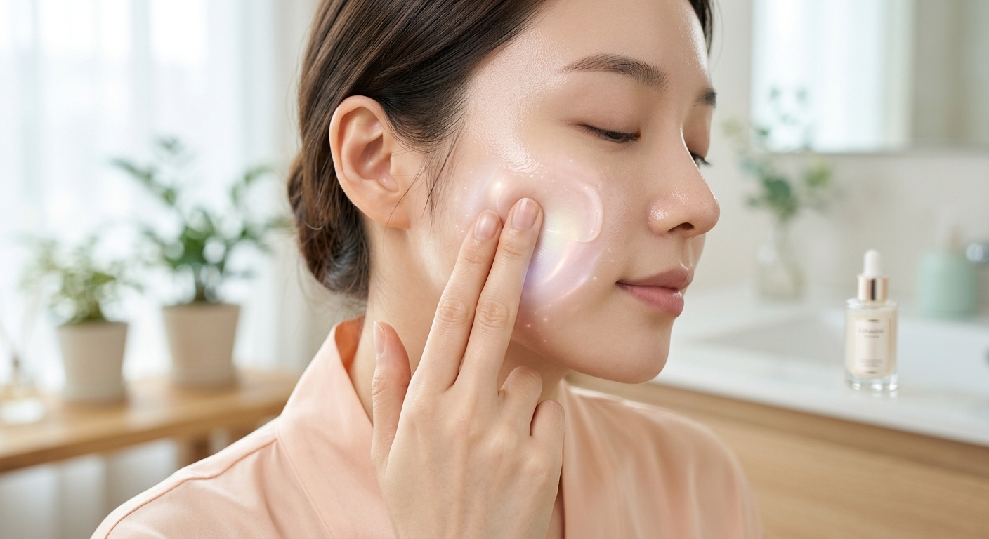 A close-up of a person's cheek showing the 'pressing' application technique of a serum, with subtle glowing light effect