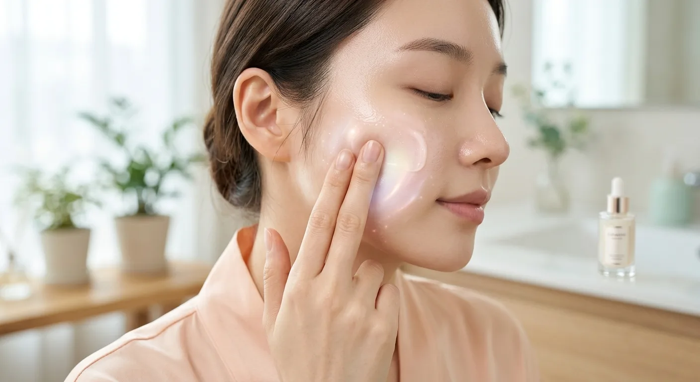 A close-up of a person's cheek showing the 'pressing' application technique of a serum, with subtle glowing light effect