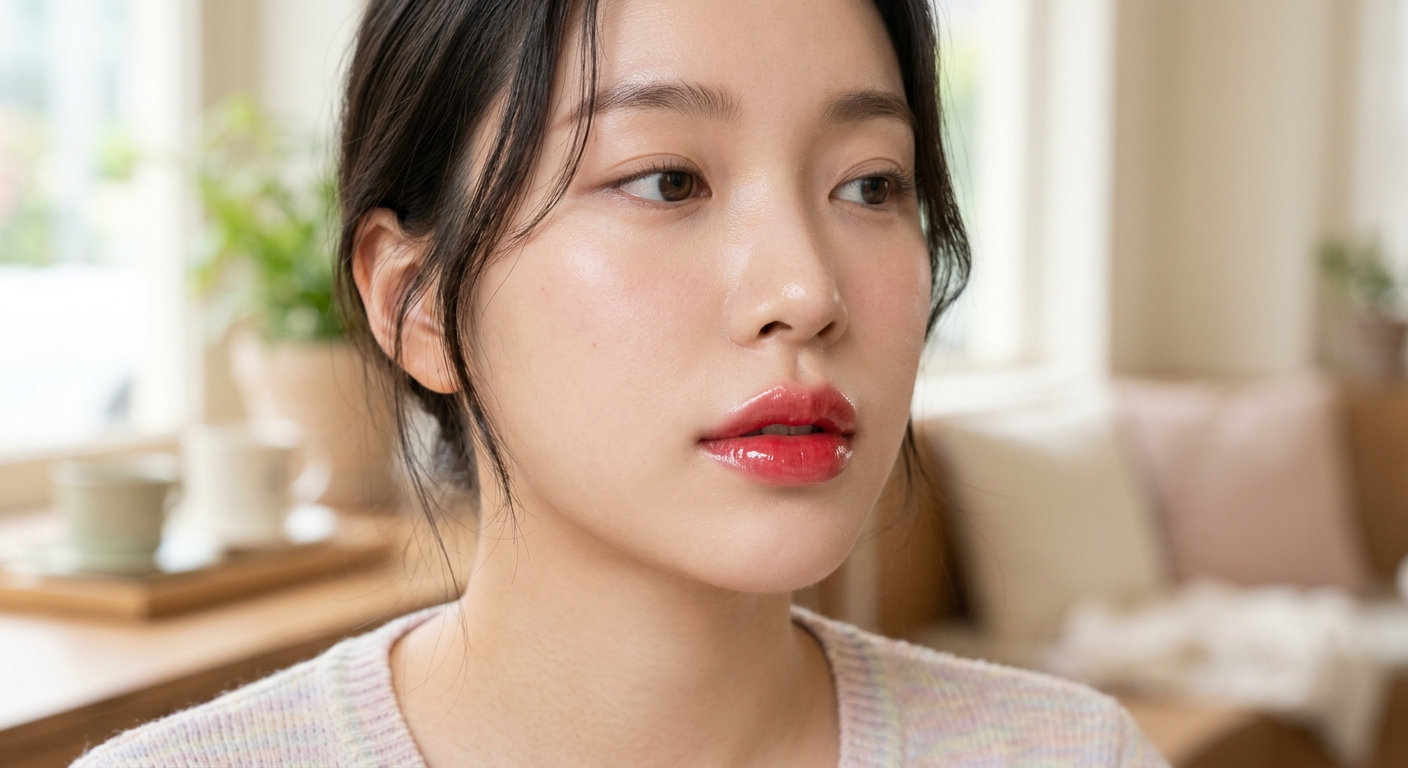 A close-up of a model's lips showing the high-shine 'glass skin' effect of the Crystal Glam Tint in a soft apple-red sha