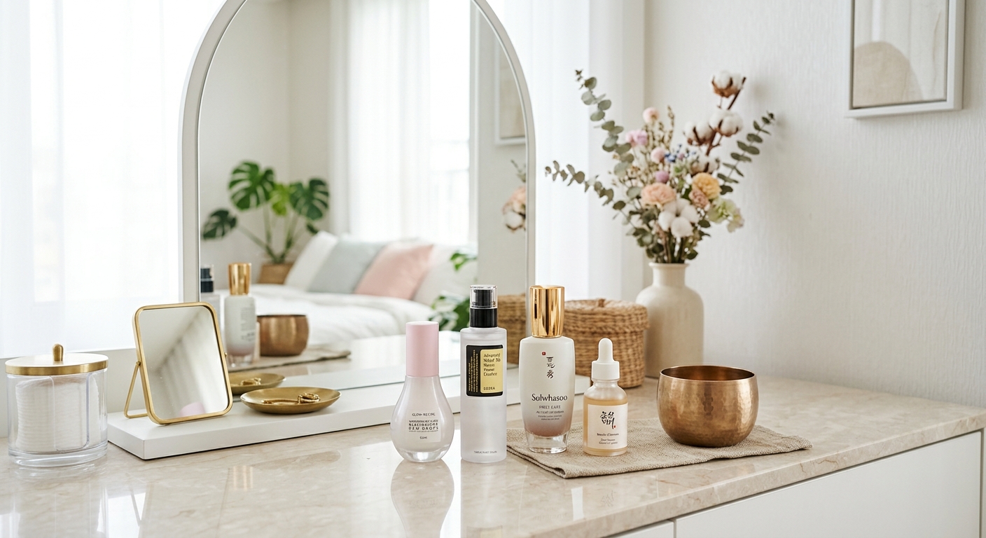 A sleek, modern vanity displaying high-tech skincare serums next to an elegant traditional Korean bronze soju cup.