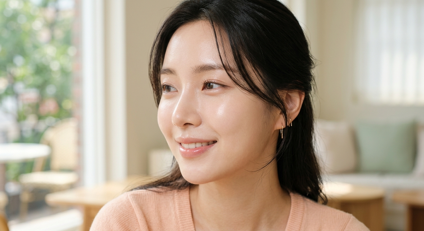 A close-up shot of a woman with 'Cloudglow' skin, showing a soft, luminous, and dimensional radiance in natural morning 