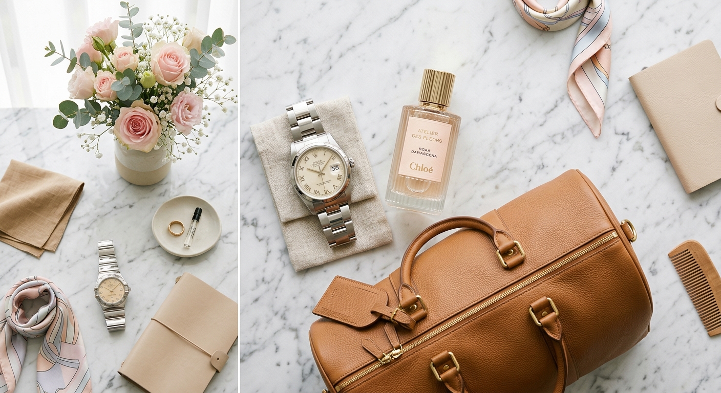 A flat-lay photography style showing a luxury watch, a designer fragrance bottle, and a high-end leather gym bag on a po