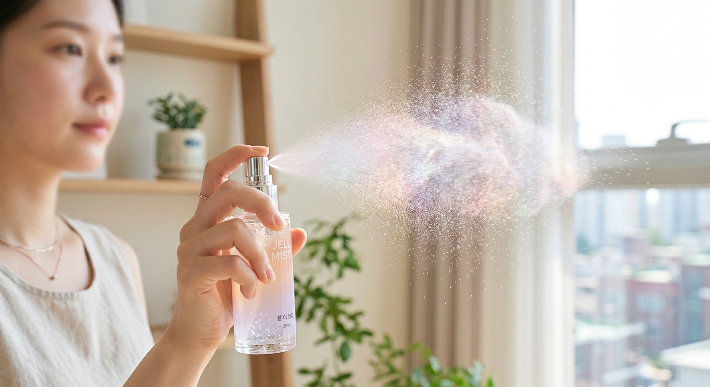 A macro shot showing the unique jelly texture of a modern Korean facial mist being sprayed into a fine, iridescent cloud