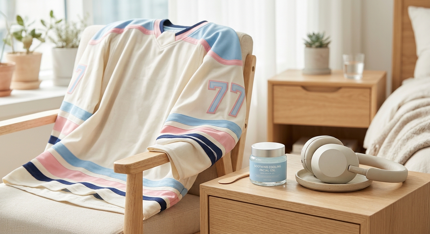 A close-up of a hockey jersey draped over a chair next to a cooling facial gel and a pair of noise-canceling headphones,