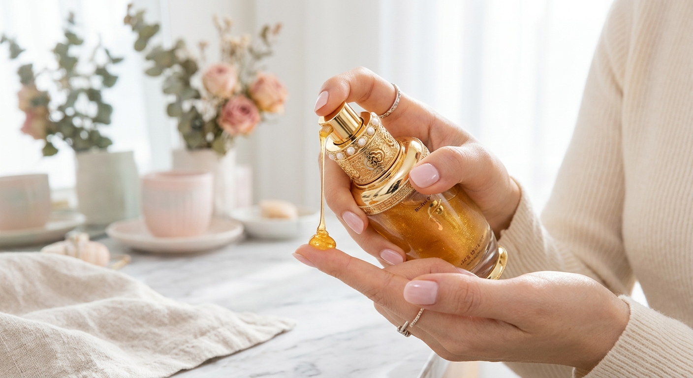 A close-up of the rich, golden texture of the Bichup Ja Saeng Essence being dispensed from its ornate royal-style pump b