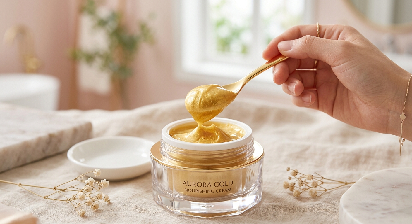 A close-up of a luxurious, thick gold face cream being scooped with a small gold spatula, showing its rich and buttery t