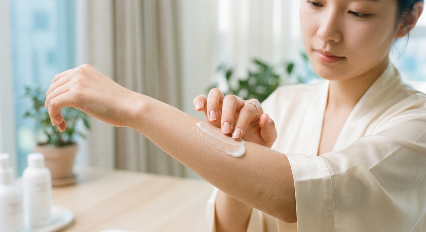 A close-up of a premium medical skin cream being applied to a person's arm, showing a cooling and soothing texture with