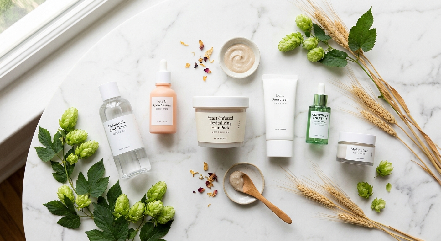 A flat lay of various K-beauty bottles and a beer yeast hair pack arranged on a clean, white marble surface with fresh h