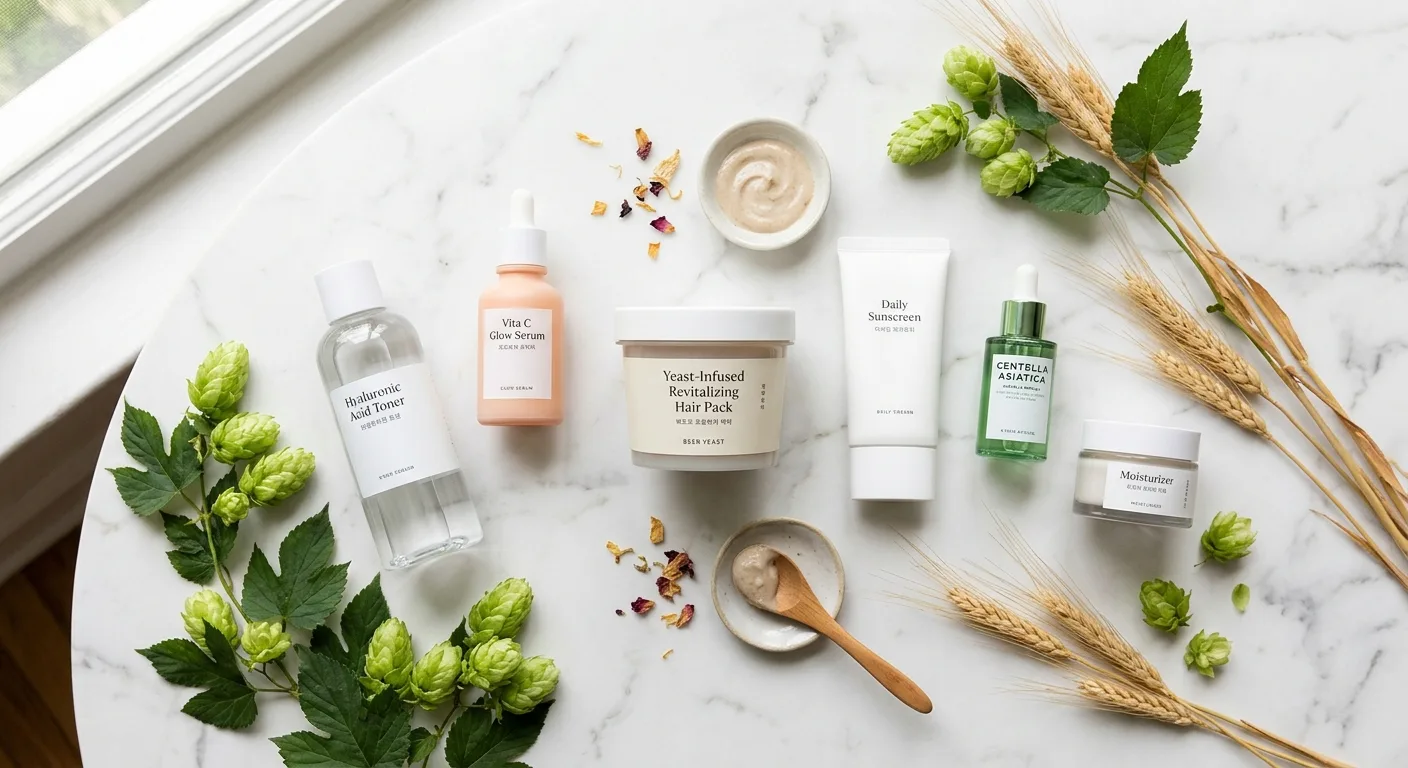 A flat lay of various K-beauty bottles and a beer yeast hair pack arranged on a clean, white marble surface with fresh h