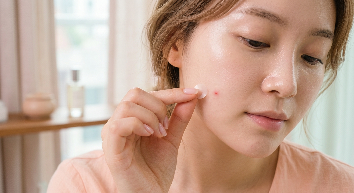 A close-up of a person's hand applying a transparent, ultra-thin hydrocolloid patch to a small blemish on clear, glowing