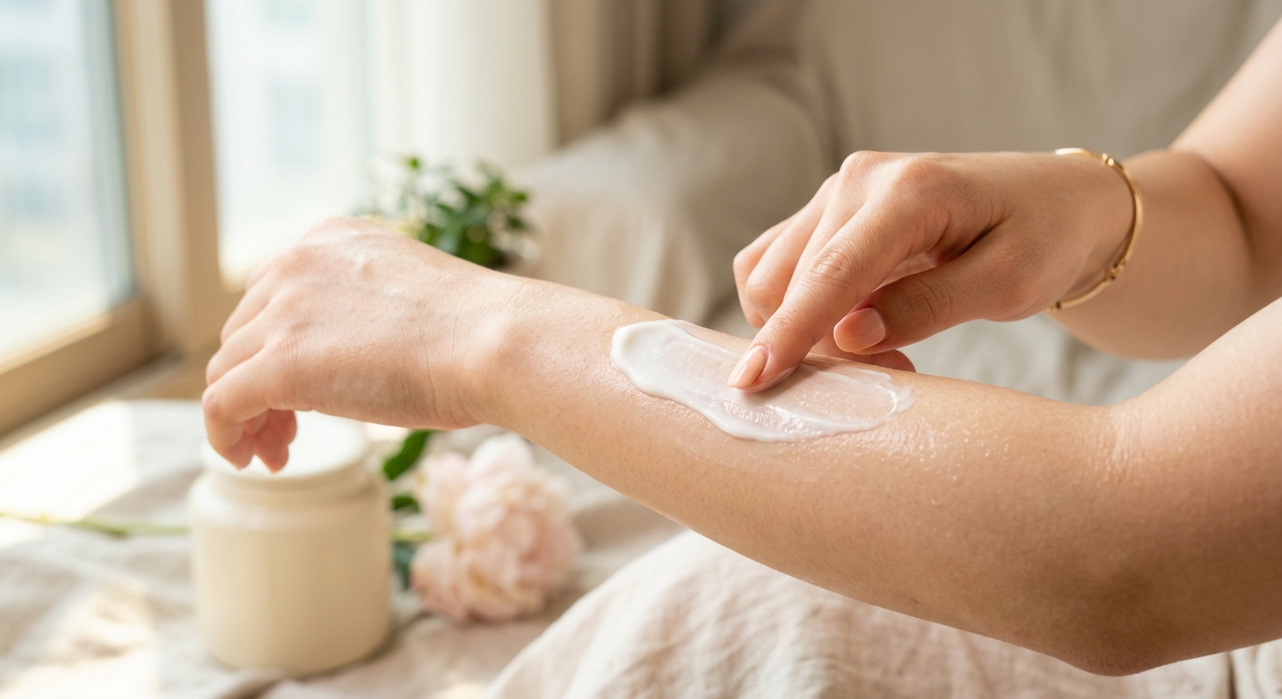 A close-up shot of a creamy white lotion texture being spread onto a person's arm, showing a healthy, non-greasy glow un