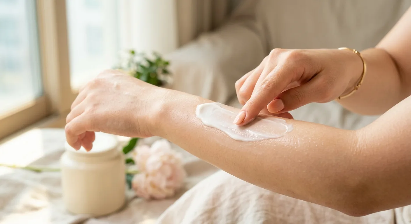 A close-up shot of a creamy white lotion texture being spread onto a person's arm, showing a healthy, non-greasy glow un