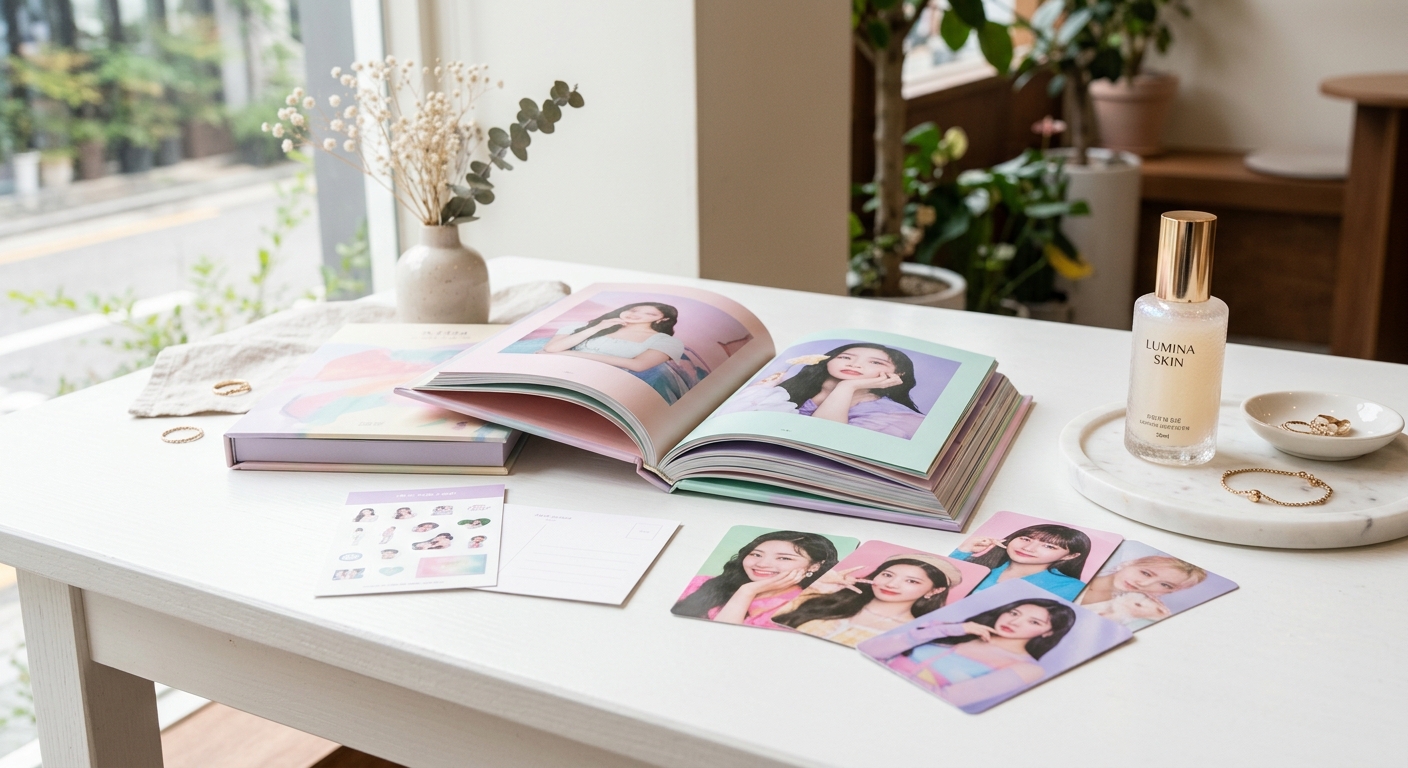 A close-up aesthetic shot of a K-pop album unboxing, showing colorful photocards, a photobook, and a glowing skin serum 
