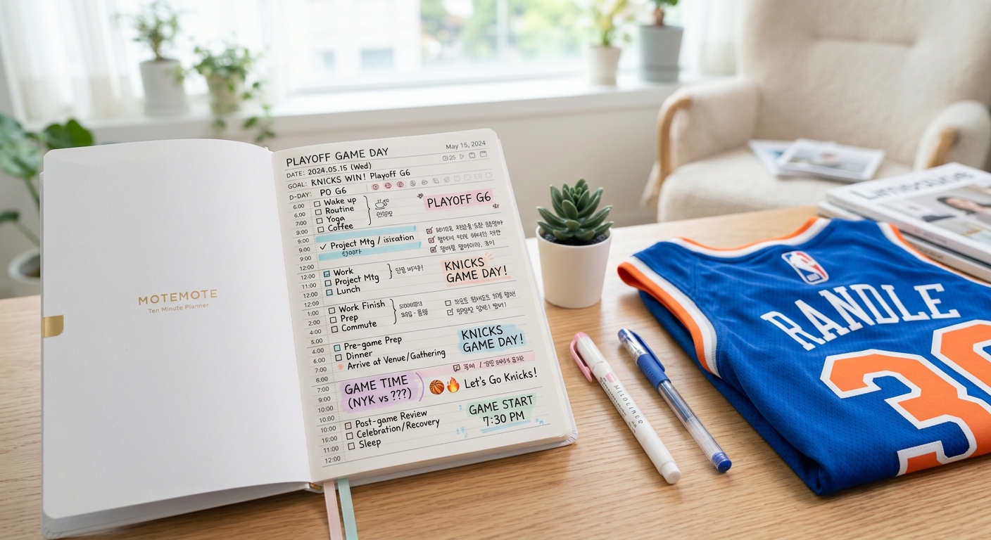 A close-up of a MOTEMOTE Ten Minute Planner on a desk next to a Knicks jersey, showing detailed time-blocking for a play