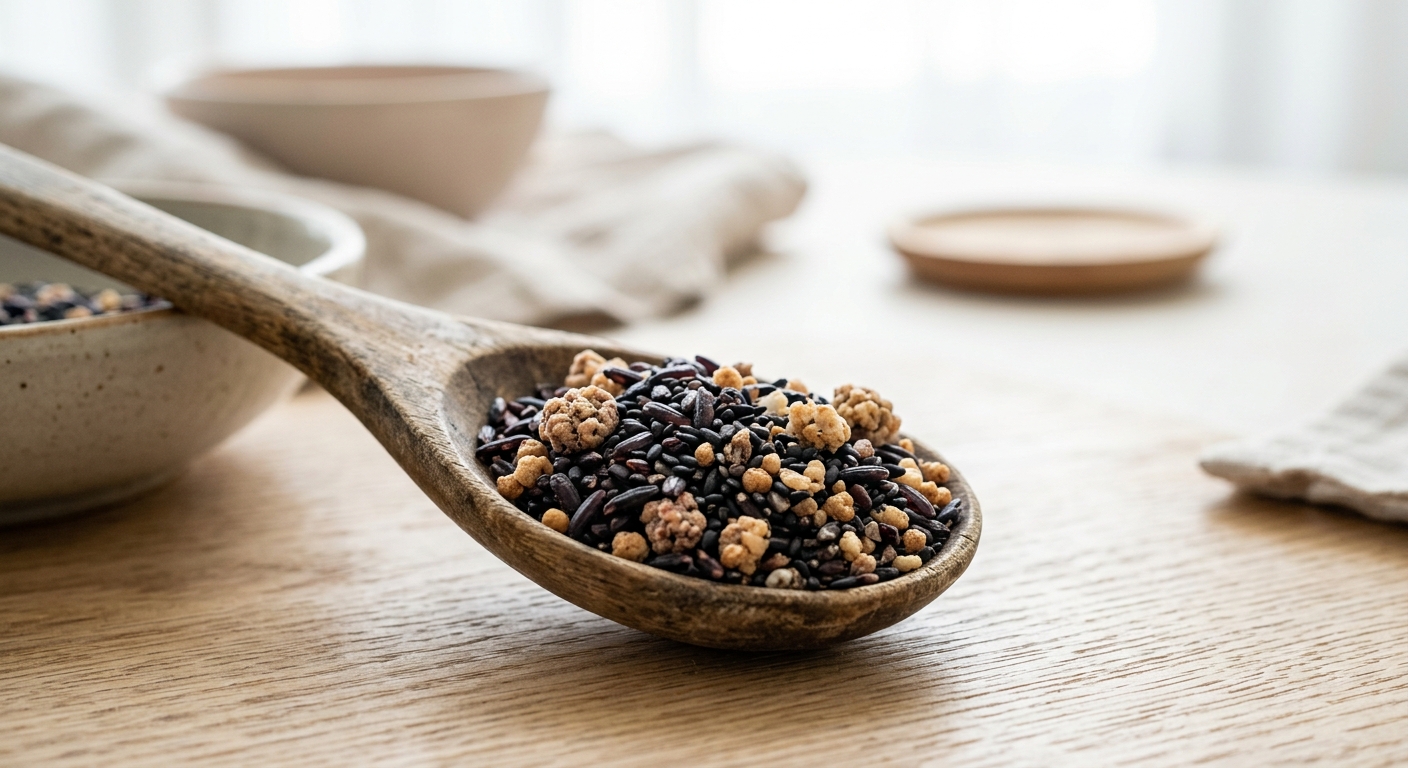 A macro close-up of the Black Mixed Grain powder showing the different textures of black rice, sesame seeds, and small p