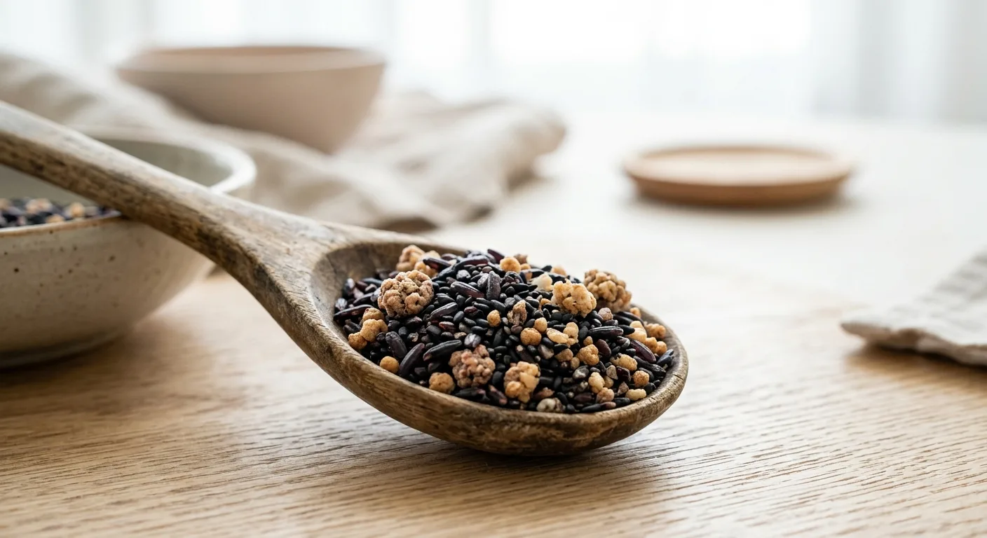 A macro close-up of the Black Mixed Grain powder showing the different textures of black rice, sesame seeds, and small p