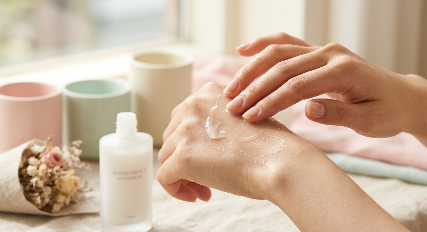 A close-up of a lightweight, watery sunscreen texture being spread on a hand, showing its transparent and hydrating esse