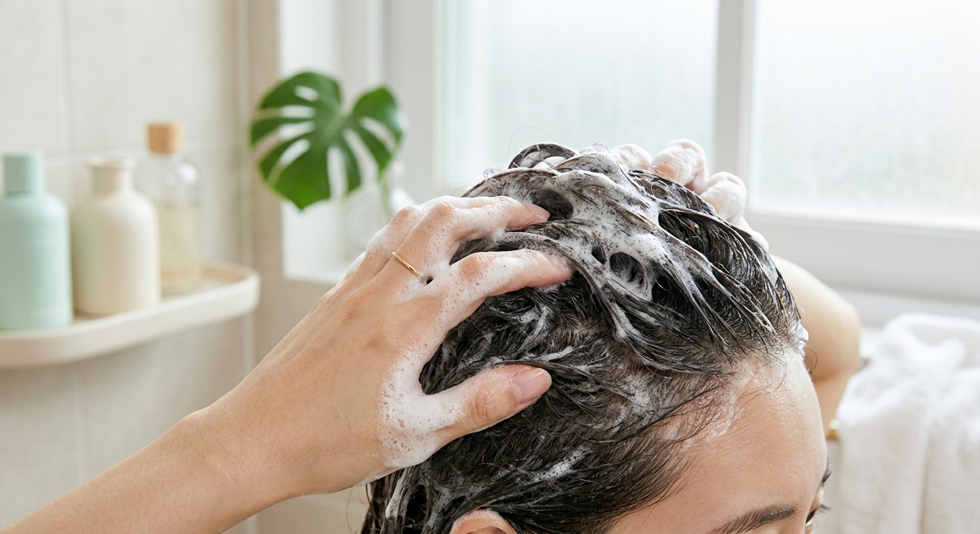 A close-up of a rich, creamy shampoo lather being massaged into a healthy scalp, showing the cooling and refreshing text