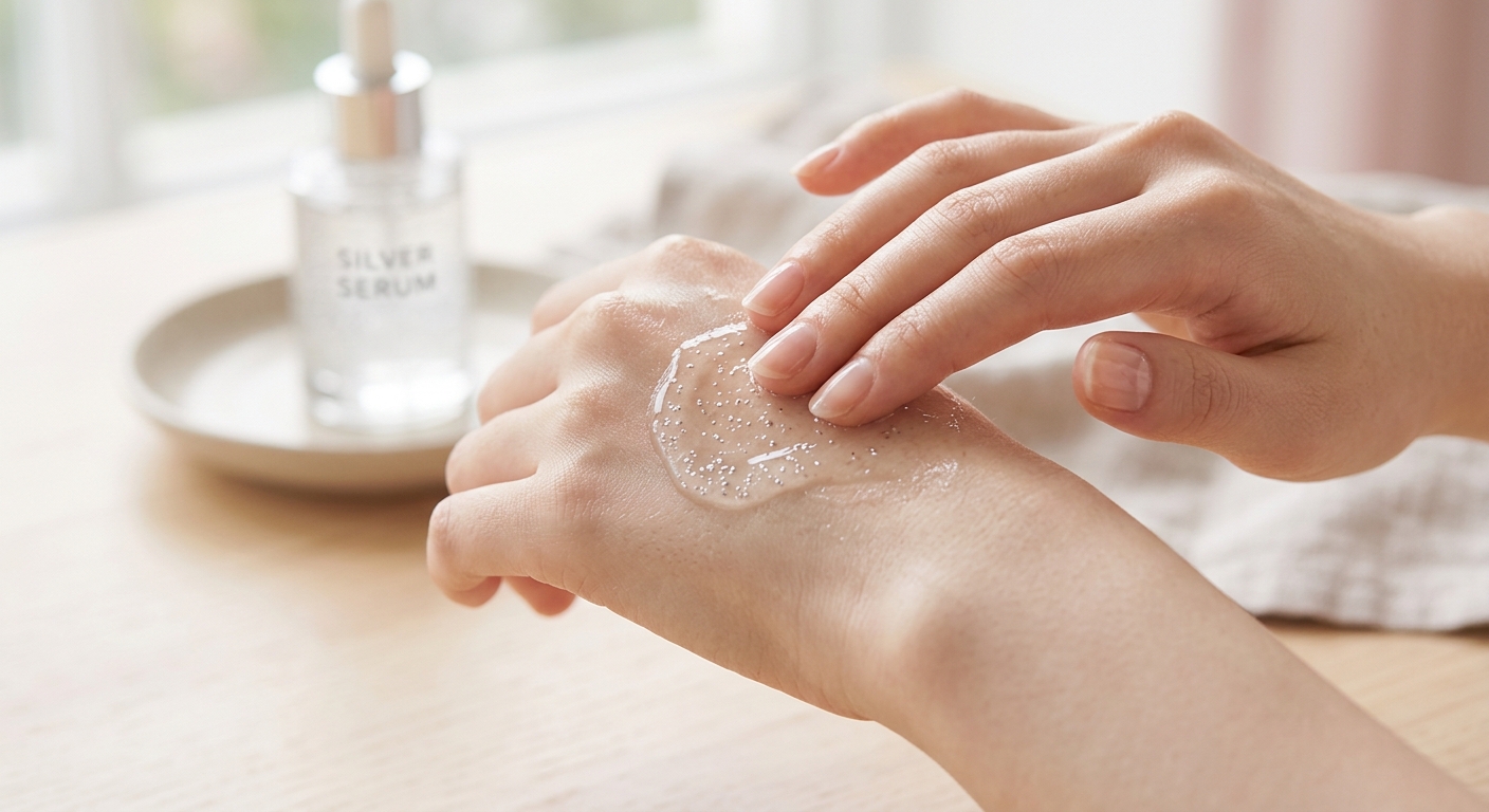 A close-up aesthetic shot of a clear gel essence containing microscopic silver-like particles being massaged into the ba