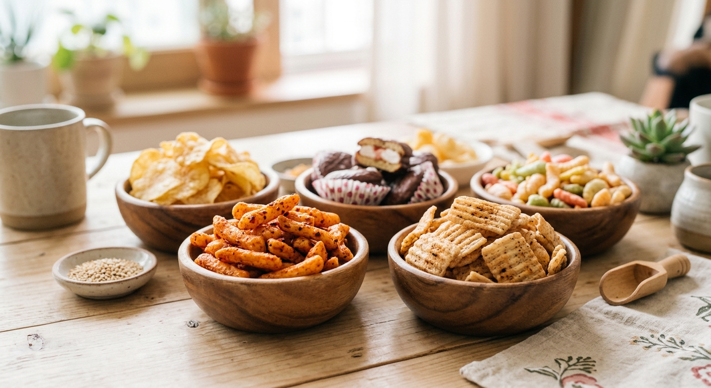 A close-up of a variety of colorful Korean snacks, including spicy crackers and squid-flavored chips, arranged neatly in