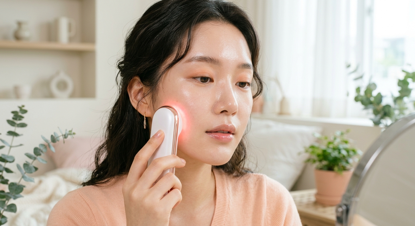 A close-up shot of a person using a glowing LED beauty device on their cheek, showing a hydrated and radiant skin textur