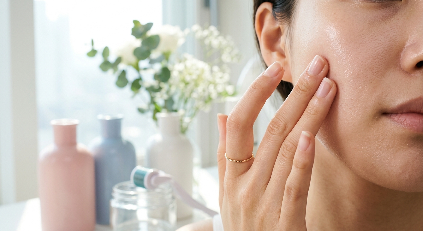 A close-up demonstration of a hand gently pressing an essence into the skin to show the correct application technique fo