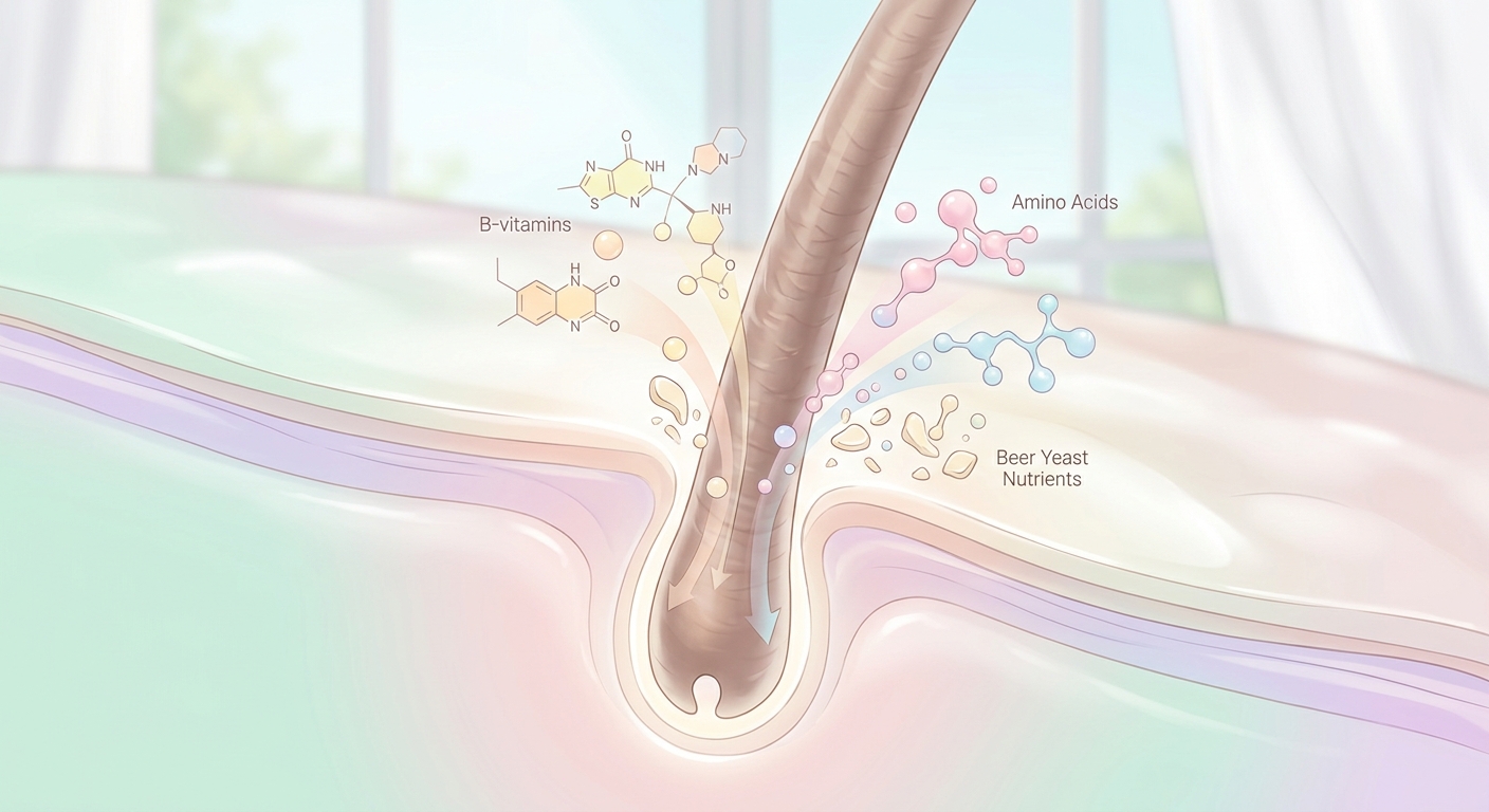 A microscopic-style illustration showing B-vitamin molecules and amino acids from beer yeast penetrating a healthy hair 