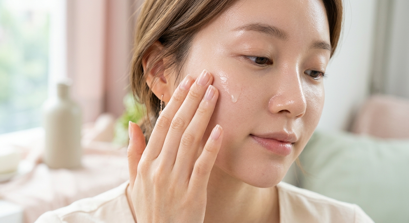 A close-up demonstration of a hand gently pressing a clear essence into facial skin, showing a glowing, hydrated texture