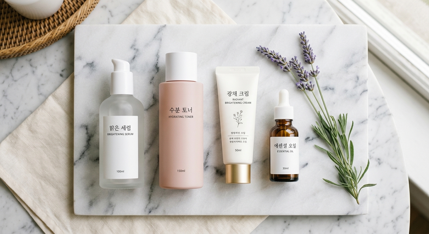 A flat-lay of modern, minimalist Korean skincare bottles and a tube of brightening cream resting on a white marble surfa
