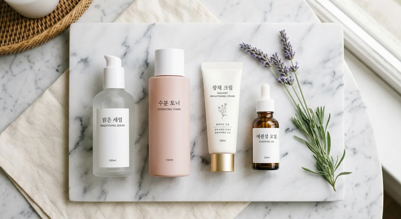 A flat-lay of modern, minimalist Korean skincare bottles and a tube of brightening cream resting on a white marble surfa