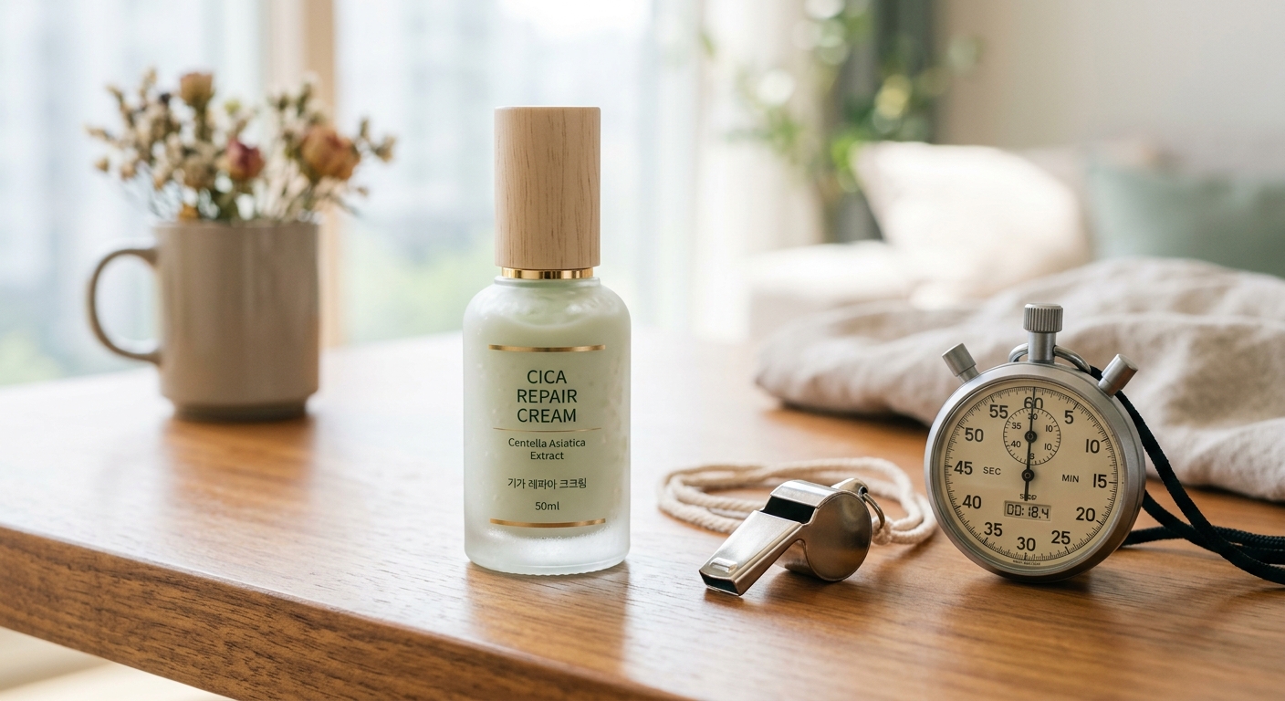 A close-up shot of a sophisticated glass bottle of Cica cream next to a whistle and a stopwatch on a polished wooden sur