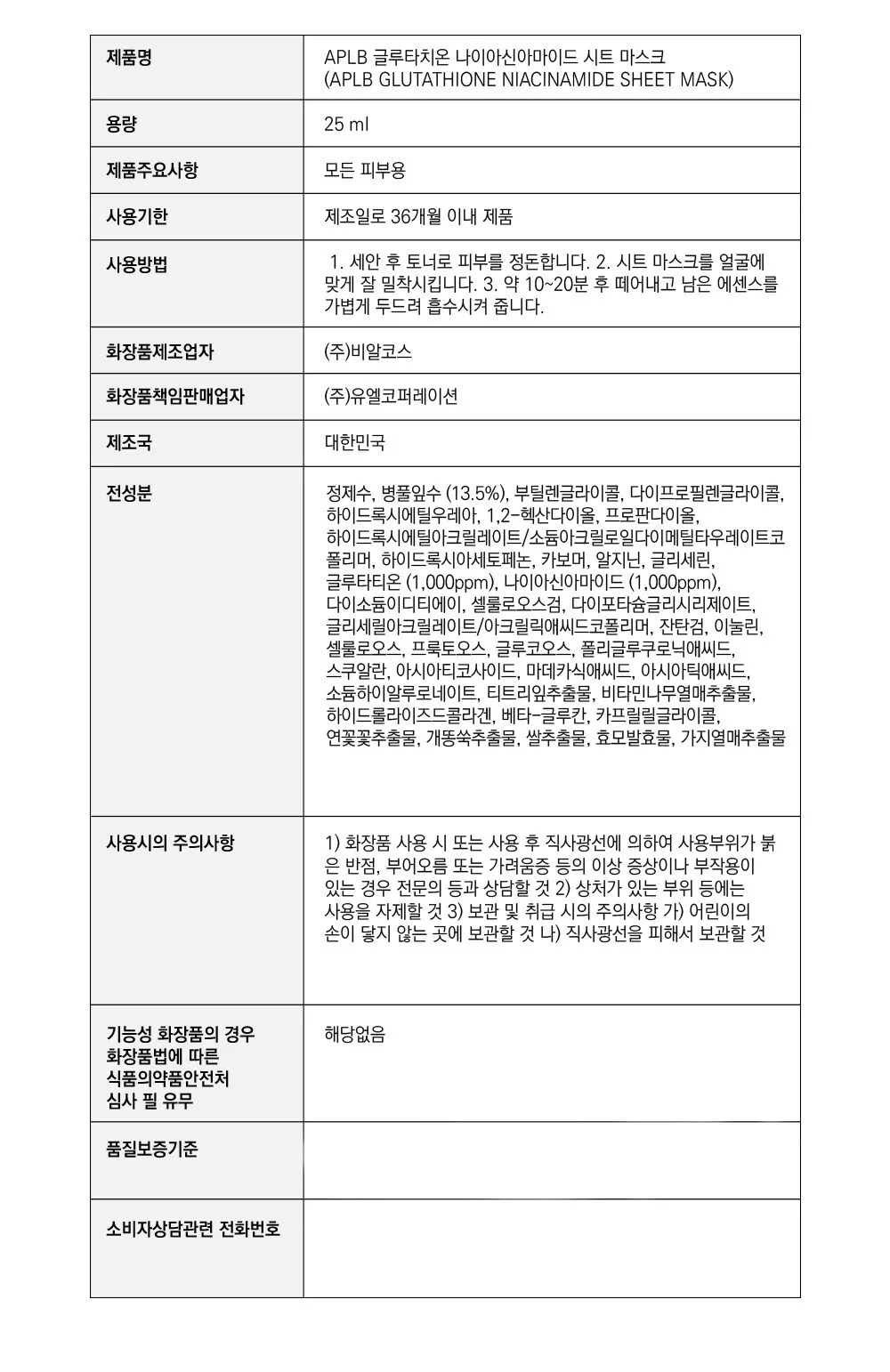 APLB Glutathione Niacinamide Sheet Mask 25ml*10pack Detail