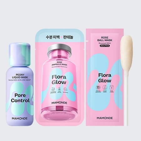 Mamonde Pore Control Peony Liquid Mask 80ml + Flora Glow Rose Ampoule Mask 1 Sheet + Flora Glow Rose Ball Mask 3.5ml - Skincare Bundle
