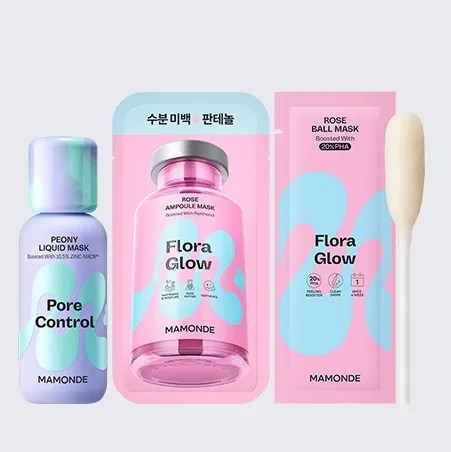 Mamonde Pore Control Peony Liquid Mask 80ml + Flora Glow Rose Ampoule Mask 1 Sheet + Flora Glow Rose Ball Mask 3.5ml - Skincare Bundle