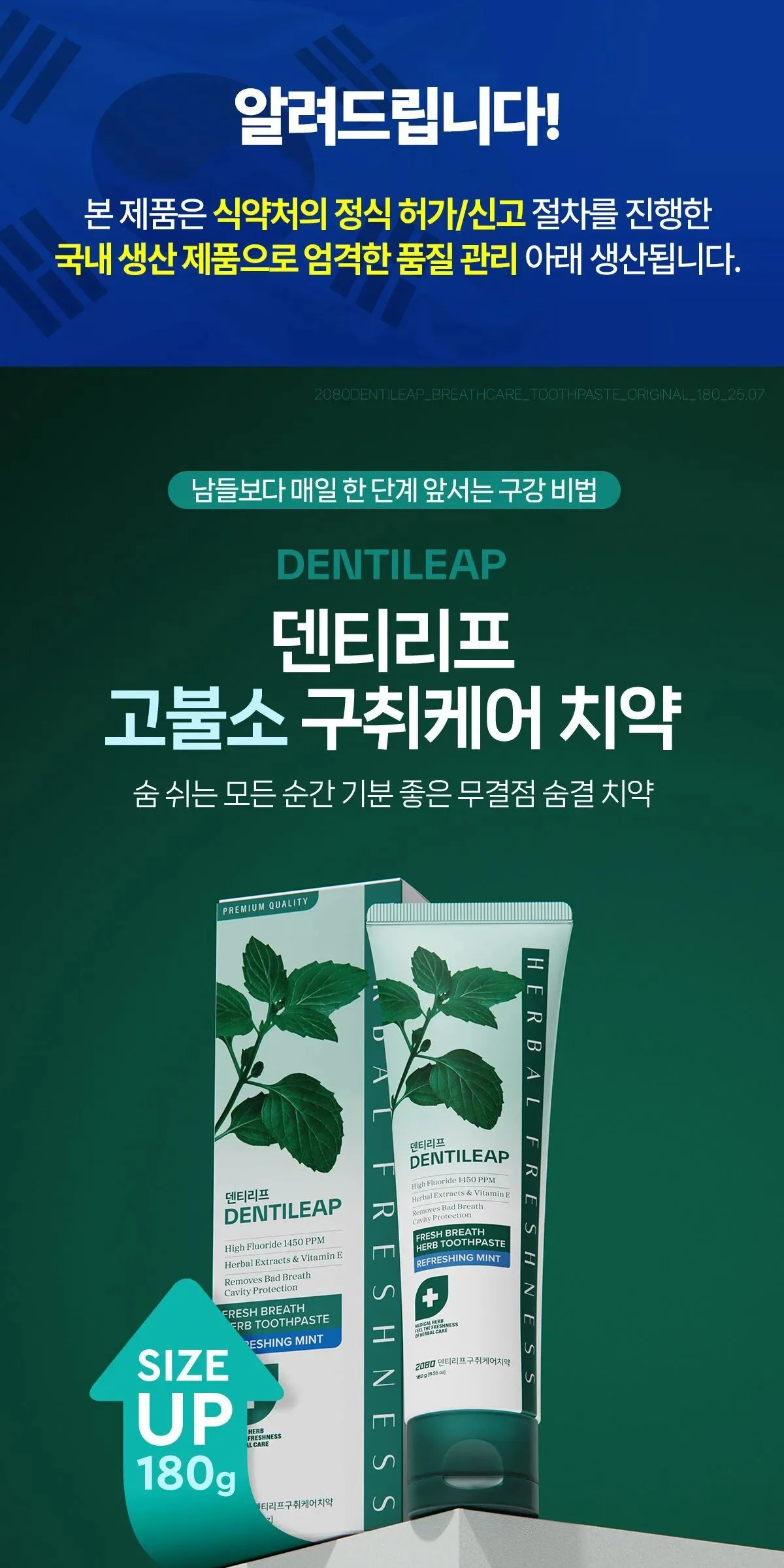 2080 Dentireaf High Fluoride 1450 Bad Breath Care Toothpaste 120g*4pack/180g*4pack Detail