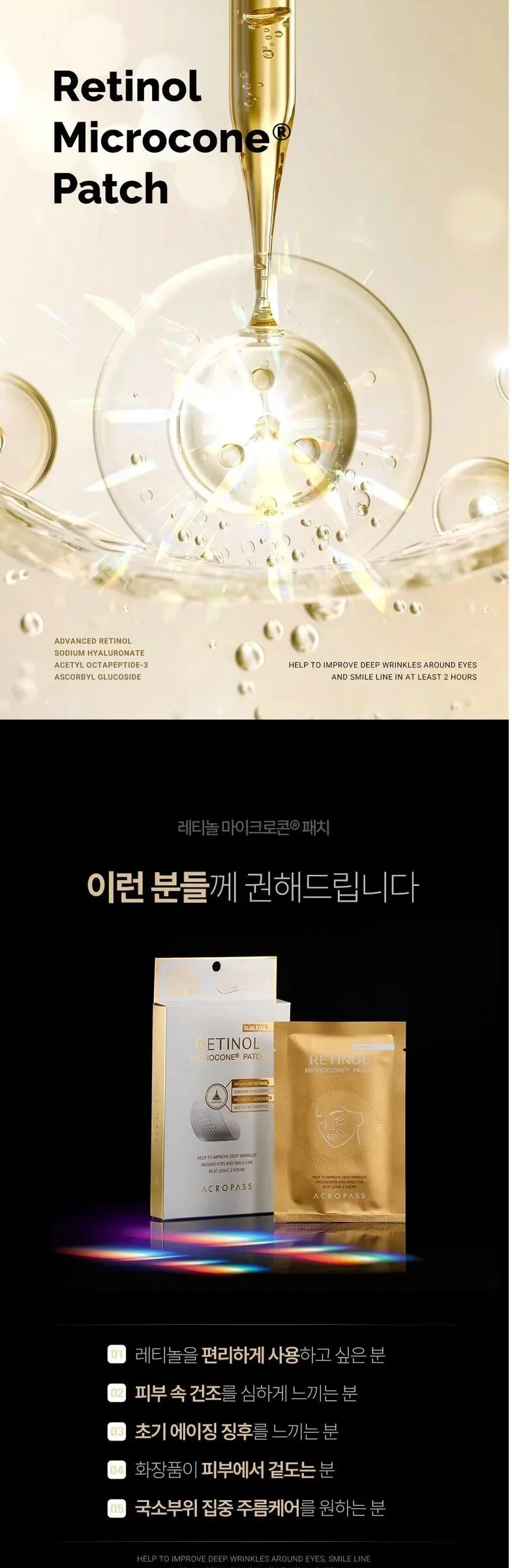 AcroPass Retinol Microcone Anti-Wrinkle Slim Patch for Eyes & Smile Lines 1 Box Detail