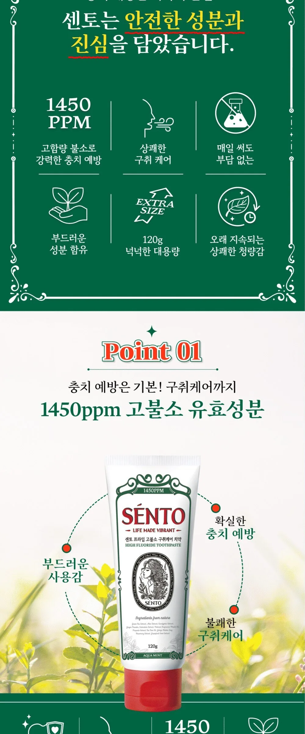 Sento Prime High Fluoride Bad Breath Care Toothpaste Aqua Mint 120g x 4 Detail