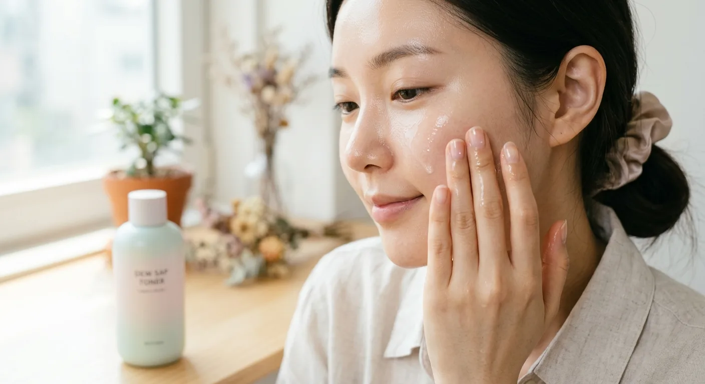 A close-up of a person's hands gently patting a clear, viscous 'sap' toner into their glowing cheek, showing the immedia