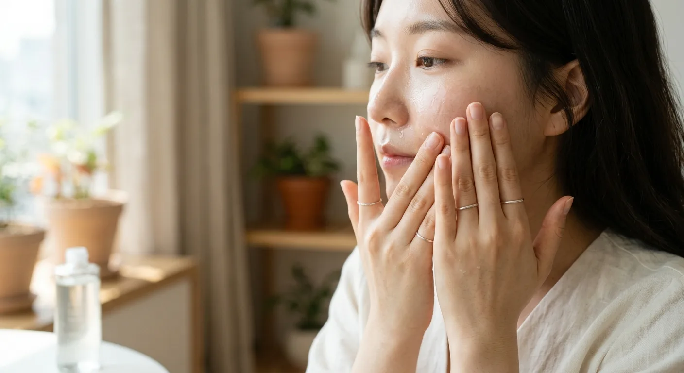 A close-up of a person's hands gently pressing a clear, essence-like liquid into their cheek, showcasing the 'press and 