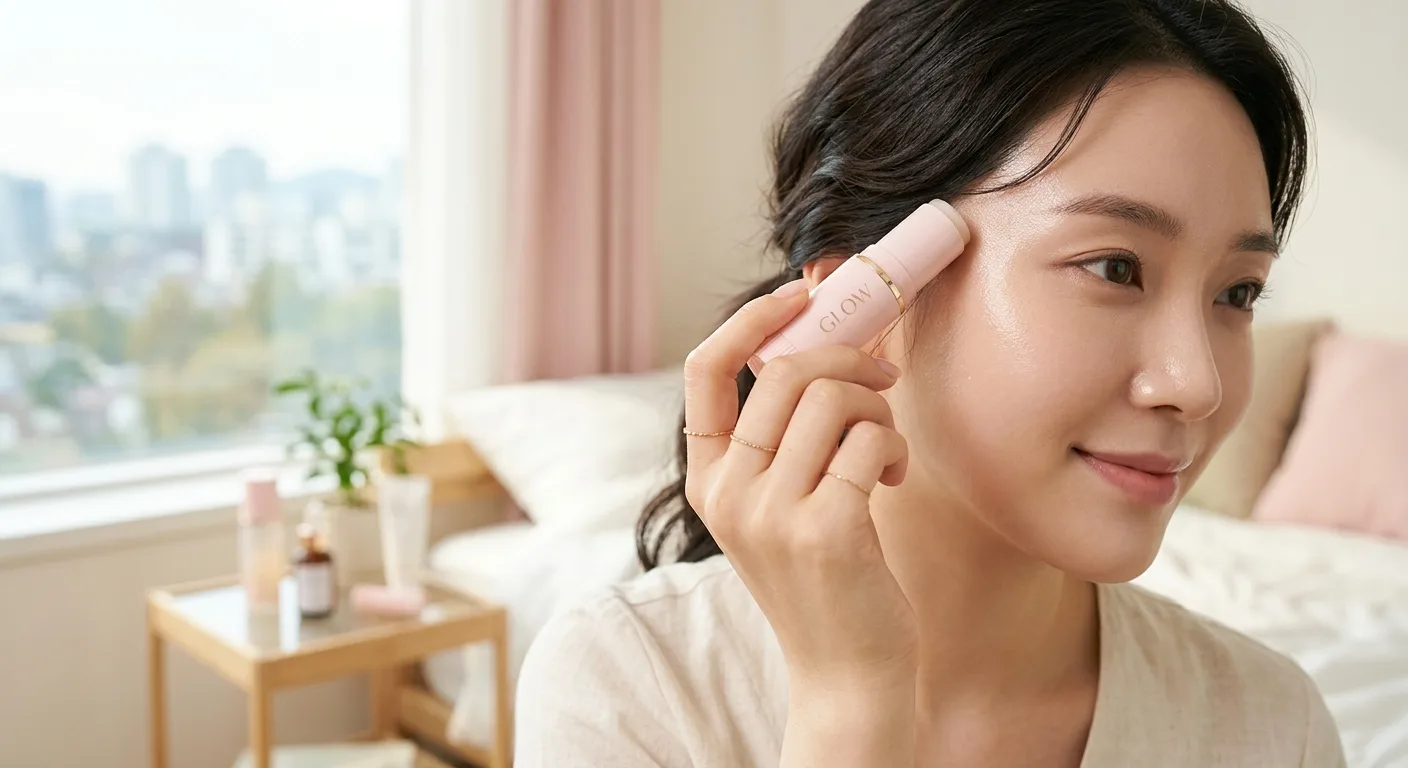A close-up shot of a woman's hand gently applying a skincare stick to her temple in an upward motion, showing a soft dew