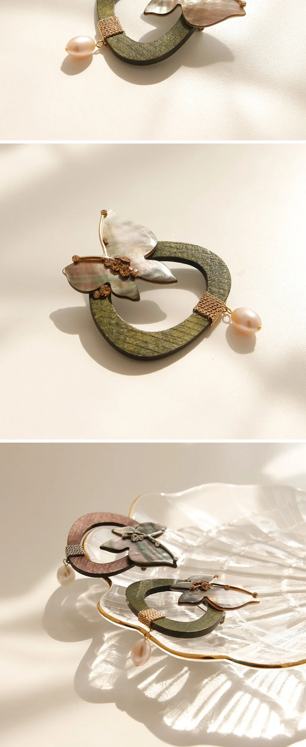 Elegant Mother-of-Pearl Butterfly Round Wood Pearl Brooch (Bb0368) Detail