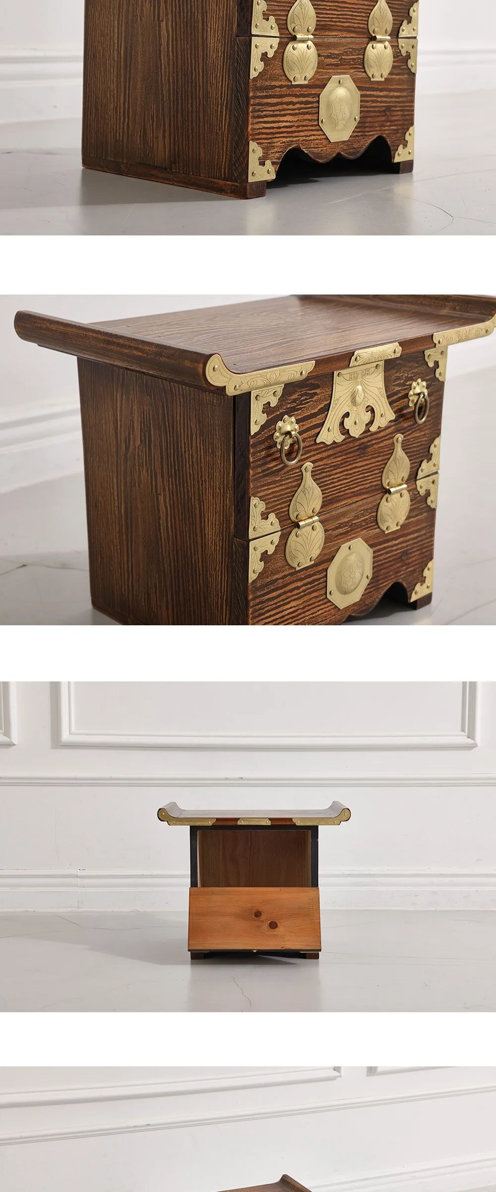 Traditional Korean Mini Wooden Cabinet with Brass Hardware Detail