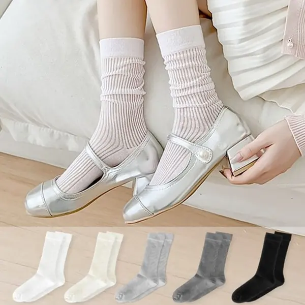 Duballo Korean Women's See-through Ribbed Long Socks 5 Pairs