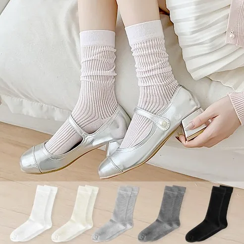 Duballo Korean Women's See-through Ribbed Long Socks 5 Pairs