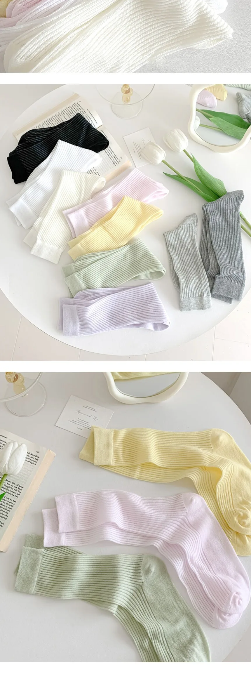 Duballo Korean Women's See-through Ribbed Long Socks 5 Pairs Detail