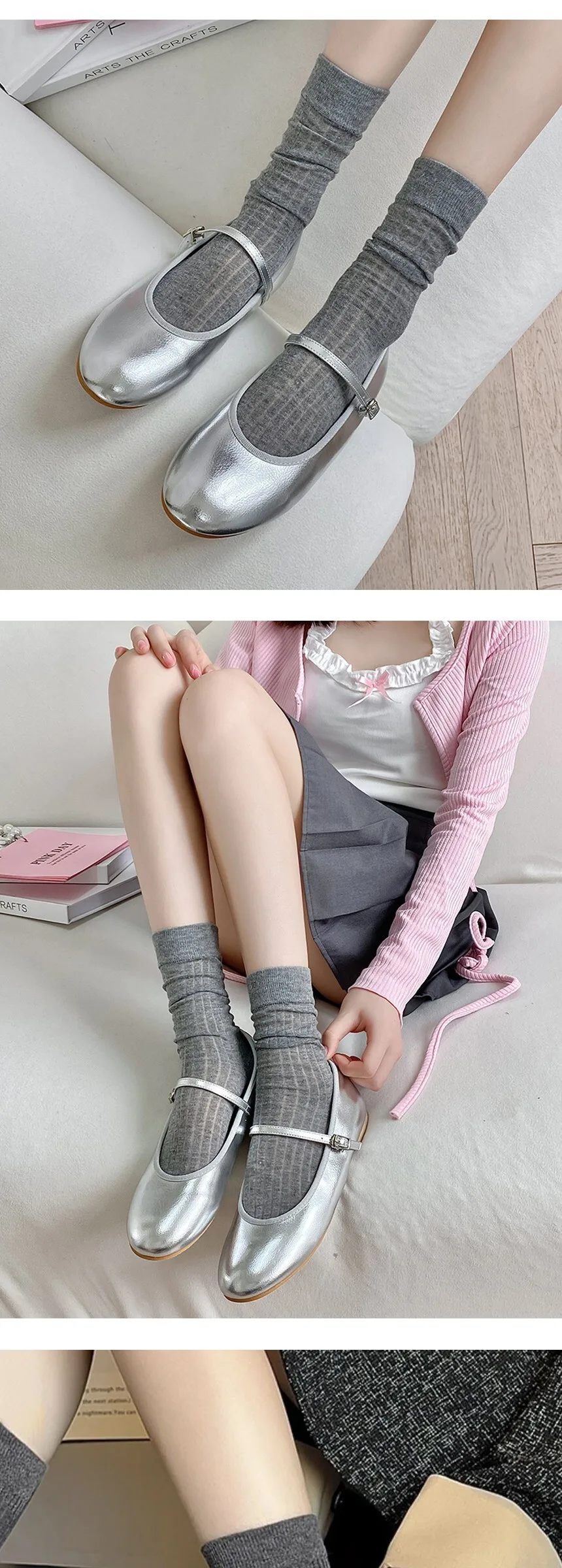 Duballo Korean Women's See-through Ribbed Long Socks 5 Pairs Detail