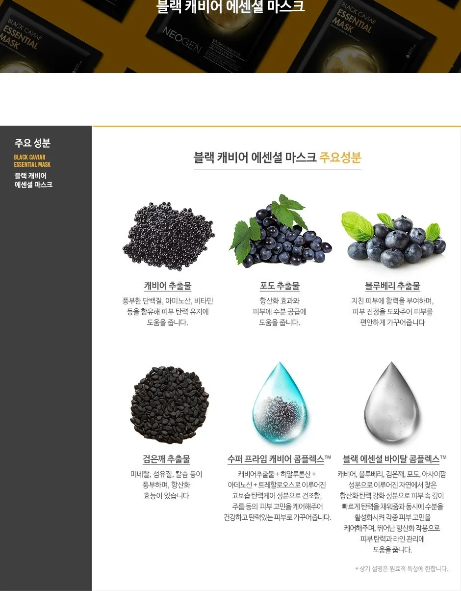 NEOGEN Black Cavier Essentail Mask 23ml x 10 Sheets Detail