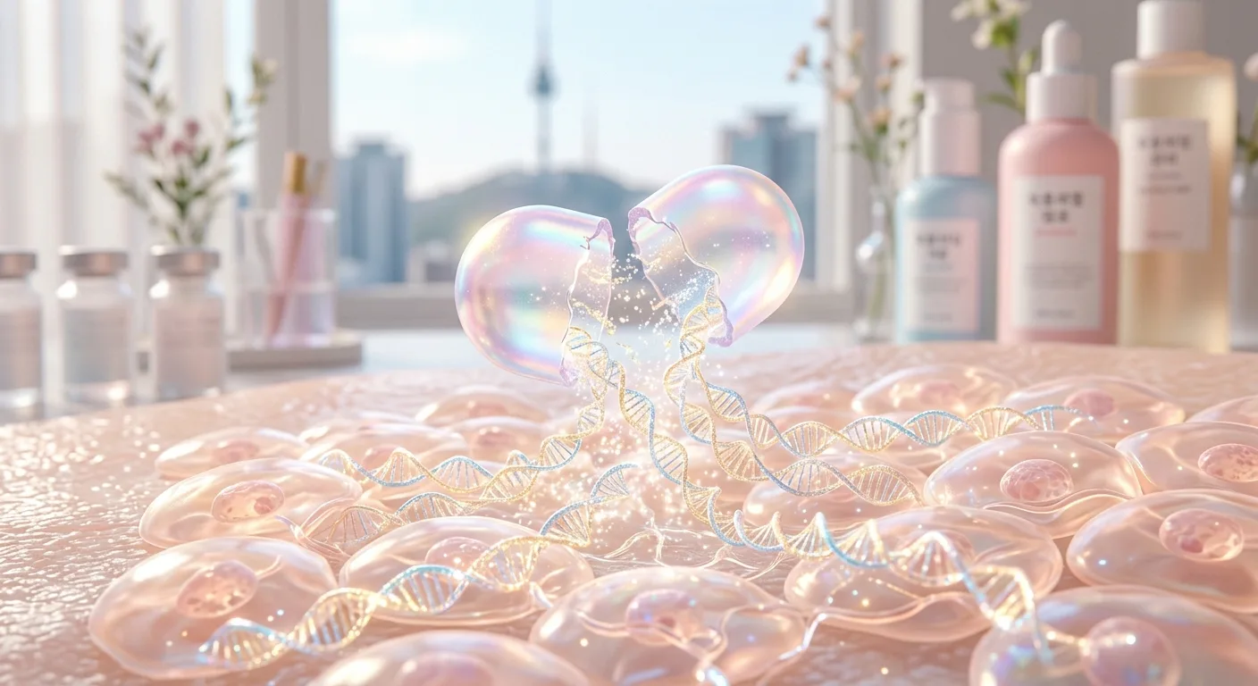 Close-up of a holographic microscopic capsule breaking open to reveal shimmering DNA-inspired PDRN molecules merging wit