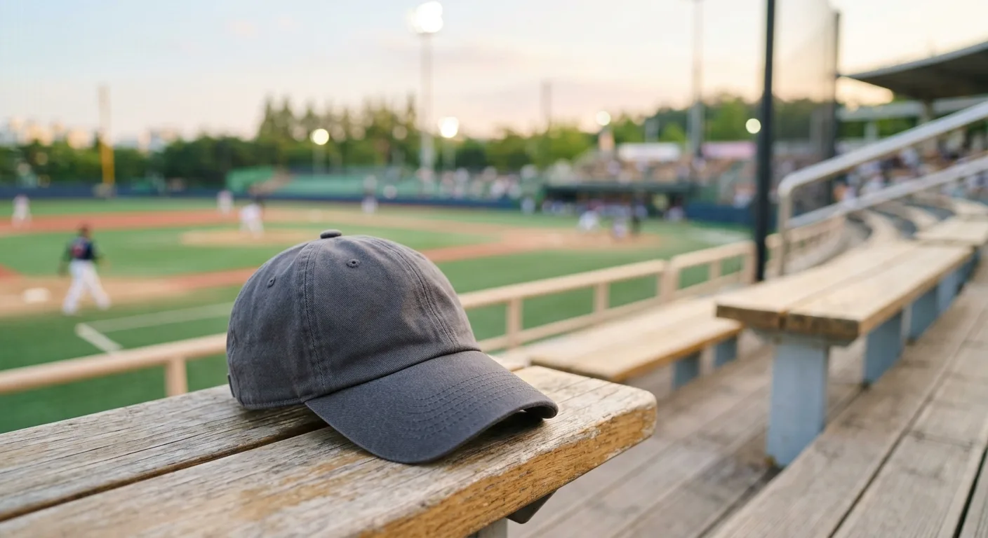 A close-up of a stylish charcoal overfit baseball cap resting on a wooden stadium bleacher with a blurry baseball field 